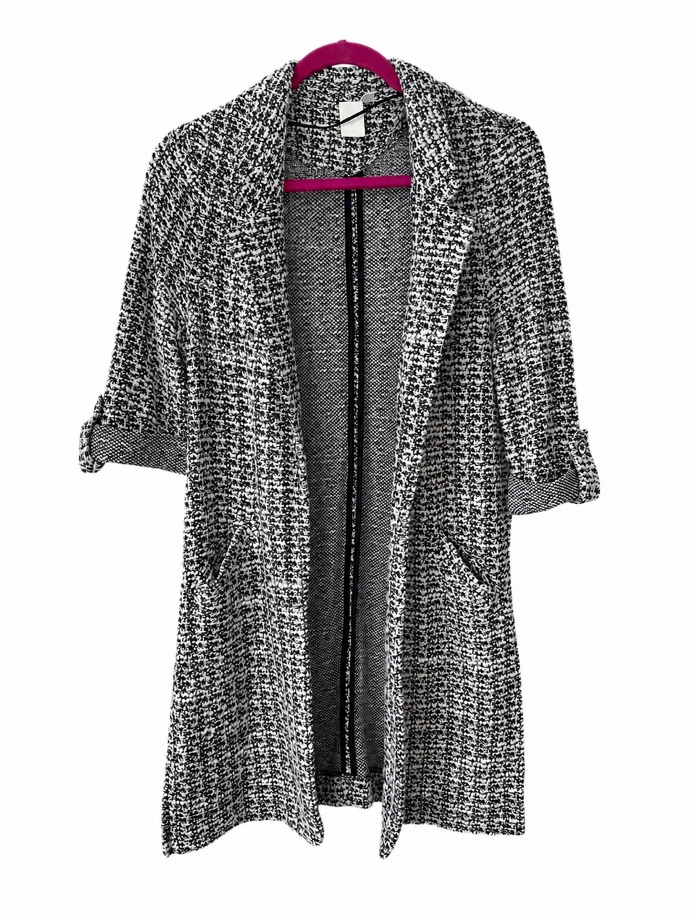 Black and White Open-Front Knit Cardigan Sweater
